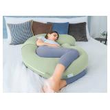 QUEEN ROSE Cooling Pregnancy Pillows - E Shaped Pregnancy Pillows for Sleeping, Detachable Body Pillow for Pregnant Side Sleeper, Cooling Silky Cotton Cover, Sage Green