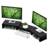 TAVR Dual Monitor Stand Riser Office Desktop Organizer Stand for 2 Monitors, Adjustable Length and Angle 3 Shelf, Extra Long Multifunctional Stand up to 43.3 fit Computer, Laptop, TV, Black. DAMAGED.'