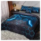 Keyroal 6Pcs Game Console Comforter Set with Sheets for Boys Girls Kids Teens, Geometric Gaming Themed Bed in A Bag Full Size, Blue 3D Video Gamer Controller Bedroom Decor Bedding Set