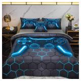 Keyroal 6Pcs Game Console Comforter Set with Sheets for Boys Girls Kids Teens, Geometric Gaming Themed Bed in A Bag Full Size, Blue 3D Video Gamer Controller Bedroom Decor Bedding Set