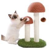 PETEPELA Cat Scratching Post, Mushroom Tall Cat Scratcher Featuring with Natural Sisal Scratching Poles and Interactive Toy Ball for Kittens and Small Cats (Brown)
