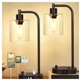 Set of 2 Industrial Table Lamps with USB Port, Fully Stepless Dimmable Bedside Lamps for Bedrooms, Nightstand Desk Lamp with Clear Glass Shade for Reading Living Room Office 2 LED Bulb Included