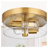 Flush Mount Ceiling Light Fixtures, 2-Light Gold Ceiling Mount for Farmhouse with Seeded Glass Lampshade, Industrial Flush Mount Light Fixture Farmhouse for Hallway, Kitchen, Entryway and Foyer