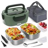 Vabaso Electric Lunch Box for Adults, 80W 1.5L Heated Lunch Box Portable Food Warmer Lunch Box for Work/Men/Car/Truck with 2 304 Stainless Steel Container, 110V/12V/24V(one handle is broken)