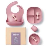 SAMiGO Silicone Baby Feeding Set, Baby Led Weaning Supplies, Suction Bowl Plate Bib Cup Self Feeding Spoons, Solid Food Eating Essentials, First Stage Utensils, 6+ Months