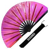 SoJourner Bags Holographic Hot Pink Rave Fan - Large Folding Clack Fan for Men and Women - Rave Accessories for EDM, Line Dancing, Cosplay, Concerts and More
