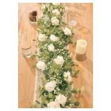 Anna's Whimsy 5.91FT Artificial Eucalyptus Garland with Flowers, Fake Flower Rose Gypsophila, Faux Floral Greenery Garland for Wedding Spring Home Party Craft Art Table Runner Decor