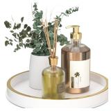 HGF Bathroom Vanity Tray, 10 Inch Lightweight Metal Round Decorative Tray for Kitchen Counter Sink Countertop Organizer, Perfume Candle Vanity Trays for Bathroom Decor, White Brushed Gold