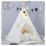 Teepee Tent for Kids with Padded Mat, Foldable Play Tent with Carry Bag for Indoor Outdoor, Pompom Lace Cotton Canvas Playhouse Tipi for Girls Boys