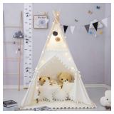 Teepee Tent for Kids with Padded Mat, Foldable Play Tent with Carry Bag for Indoor Outdoor, Pompom Lace Cotton Canvas Playhouse Tipi for Girls Boys