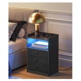 Nightstand with Charging Station and LED Light, Side Table with 3 Fabric Drawers Chest, End Table with USB Ports and Outlet, Bedside Table for Living Room, Bedroom