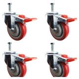 4 Inch Total Lock Caster - Red Polyurethane Wheel - 1/2-13 x1-1/2 Threaded Stem Set of 4'
