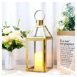 JHY Design Gold Decorative Lanterns 16\" H Stainless Steel Candle Lanterns with Tempered Glass for Indoor Outdoor Events Parities and Weddings