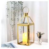 JHY Design Gold Decorative Lanterns 16\" H Stainless Steel Candle Lanterns with Tempered Glass for Indoor Outdoor Events Parities and Weddings