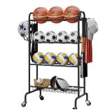 IBUYKE Basketball Rack, 4-Layers Rolling Ball Storage Rack with Wheels, Movable Garage Sports Equipment Storage Organizer for Basketball Football Soccer Volleyball Outdoor Indoor, Black TBL002B