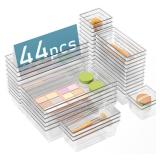 44 PCS Clear Plastic Drawer Organizers Set, 4 Size Versatile Bathroom and Vanity Organizer Trays, Cosmetic Display Cases for Makeup, Jewelries, Bedroomï¼Kitchen Utensils and Office