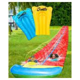 JAMBO 32FT Extra Extra Long Slip Splash and Slide and 2 Bodyboards, Heavy Duty Water Slide with Inflatable Crash Pad, Double Lane Slip Slides, Outdoor Backyard Water Slides n Toys for Kids