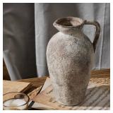 PORCER 9.3 Inch Antique Ceramic Vase, Terracotta Vase with Handle, Boho Decor Farmhouse Decorative Vase, Rustic Vase for Home Decor, Living Room, Entryway, Wedding - Distressed Design, Gray