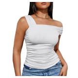 POPMONO Women Short Sleeve Off The Shoulder Top Ruched One Shoulder Cute Crop Tops Sexy Slim Fit T Shirts Going Out Y2K Tees White S