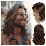 Baruisi Long Brown Wigs for Men Synthetic Layered Wavy Cosplay Party Wig