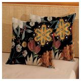 JEFERSO Boho Floral Pillow Covers 16x16 Set of 2, Spring Summer Vintage Flowers Throw Pillows Modern Abstract Farmhouse Decorations Black Pillowcase Linen Bohemian Outdoor Cushion Case for Couch Home