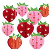 9PCS Strawberry Honeycomb Balls Strawberry Birthday Party Decorations Fruit Theme Table Centerpieces Tissue Paper Honeycomb Hanging Decors Strawberry Party Supplies for Baby Shower