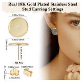 Beebeecraft 1 Box 50Pcs 14mm Stud Earring Kit 18K Gold Plated Stainless Steel Tray Cabochon Earring Settings Bezel Cup Blanks Earring Posts and Back for Jewelry Making Supplies Earring Findings