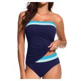 Daci Navy Color Block Bandeau Tankini Swimsuits for Women - Two Piece Ruched Tummy Control Bathing Suit Strapless Swimwear with Bottom XXL