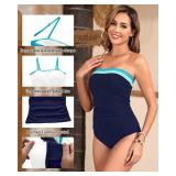 Daci Navy Color Block Bandeau Tankini Swimsuits for Women - Two Piece Ruched Tummy Control Bathing Suit Strapless Swimwear with Bottom XXL