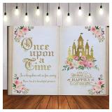 Aumeko 8x6ft Once Upon a Time Backdrop Pink Floral Gold Castle Princess Fairytale Birthday Party Decoration Girls First Birthday Party Photobooth Backdrop Supplies Cake Table Decorations