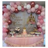 Aumeko 8x6ft Once Upon a Time Backdrop Pink Floral Gold Castle Princess Fairytale Birthday Party Decoration Girls First Birthday Party Photobooth Backdrop Supplies Cake Table Decorations