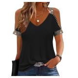 kipfall Womens Cold Shoulder Tops with Sequins V Neck Short Sleeve T Shirts Casual Loose Fit Basic Tee