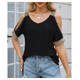 kipfall Womens Cold Shoulder Tops with Sequins V Neck Short Sleeve T Shirts Casual Loose Fit Basic Tee