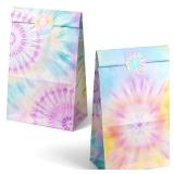 Outego Tie Dye Party Favor Bags â 24 Pcs Pastel Gift Bags with 4 Designs, Paper Goodie for Birthday Party, Hippie Theme Decorations and Supplies