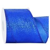 RIBBOOO Royal Blue Glitter Ribbon, 2.5 Inch 10 Yards Sparkly Wired Edge Fabric Ribbon for Craft, Wreath Bow, Gift Wrapping, Christmas Party Decoration