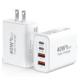USB C Wall Fast Charger Block, 40W 4-Port Type C Charger Fast Charging Blocks PD Power Charger Adapter+QC 3.0 USB Multiport Charger Brick for iPhone 16/15/14/13/12 Pro Max, iPad, Galaxy S24/23-2Pack