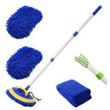2 in 1 Microfiber Car Wash Mop Mitt with 45\" Aluminum Alloy Long Handle,Chenille Car Cleaning Kit Brush Duster with Scratch Free for Washing Car/Truck/RV,2 Mop Head and 1 Towels and Air Vent Duster