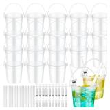 Willinglong 20 Set 32oz Clear Plastic Rum Buckets for Drink with Straws Beverage Syringes Drink Buckets for Parties with Handle Reusable Punch Bowls for Rum Wine Beer Cocktail Beverage Party(Frosted)