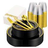 ISFANGCO 350 PCS Black and Gold Dinnerware Set for 50 Guests, Black Disposable Plates with Gold Rim for Party Wedding-50 Dinner Plates, Dessert Plates, Silverware Set,Napkins and Cups