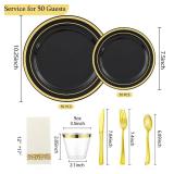 ISFANGCO 350 PCS Black and Gold Dinnerware Set for 50 Guests, Black Disposable Plates with Gold Rim for Party Wedding-50 Dinner Plates, Dessert Plates, Silverware Set,Napkins and Cups