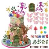 27PCS Fairy Cake Toppers, Pink Mushroom House Butterfly Cake Decoration Fairy Garden Party Supplies Favors for Fairy Birthday Party Baby Shower
