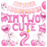 41 PCS Im Two Cute Birthday Decoration Girl Im Two Cute Balloon Pink Number 2 Balloons Girl 2nd Birthday Decoration (Missing Letter)