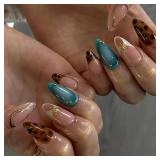 24 Pcs Almond Press on Nails Medium Fake Nails with Glue French Tip False Nails with Brown Leopard Pattern Design Artificial Acrylic Nails Press ons Reusable Almond Nails Glue on Nails for Women