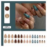 24 Pcs Almond Press on Nails Medium Fake Nails with Glue French Tip False Nails with Brown Leopard Pattern Design Artificial Acrylic Nails Press ons Reusable Almond Nails Glue on Nails for Women