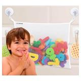 Bath Toy Net 18x16 Inch Kids Bath Tub Toy Holder, Corner Mesh Bag, Baby Bathtub Storage Organizer, Large Bathroom Bucket Bin, Toddler Shower Caddy Hanging Basket, 2 Suction Cups 2 Adhesive Wall Hooks