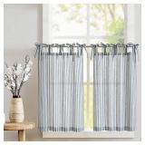 jinchan Tie Top Linen Kitchen Curtains 36 Inch Length Striped Tier Curtains Ticking Stripe Small Drapes for Living Room Bathroom Cafe Small Window Farmhouse Rustic Rod Pocket 2 Panels Blue