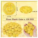 120 PCS Gold Coins, 1.4 in Plastic Gold Coins, 0.08 in Thick Fake Coins Pirate Coins Tokens Play Coins for Kids, Pirate Treasure Classroom Reward Adventure Theme Party Supplies for Pirate Party