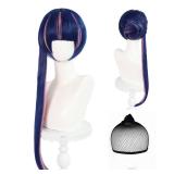 ANOGOL Hair Cap+Stocking Wig with Bangs and Bun for Women Stocking Cosplay Blue Wigs Blue Pink Hair Bun Updo Wigs Blue and Pink Anime Wig Halloween Party