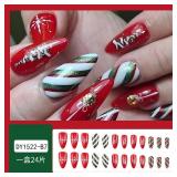 Christmas Press on Nails Medium Almond Fake Nails Xmas Tree Glue on Nails Gold Glitter Snowflake Stick on Nails Green White Swirl False Nails Red French for Women Girls Holiday Manicure 24PCS