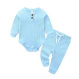 JingleBaBa Gender Neutral Newborn Clothes Toddler Sweatsuit Blue Onesies 0-3 Months Ribbed Knitted Romper 2pcs